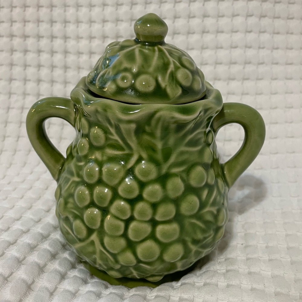 Vintage Majolica Green Ceramic Sugar Bowl